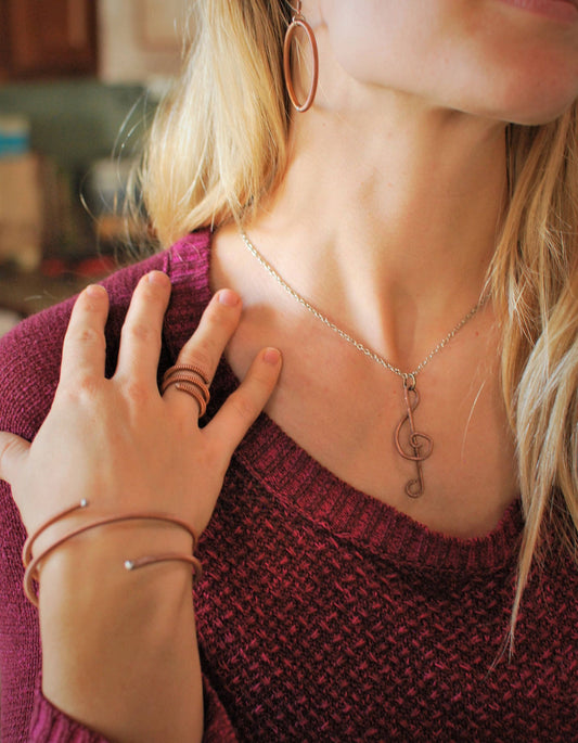 Recycled Piano String Jewelry Set: Treble Clef Necklace, Bracelet, Earrings