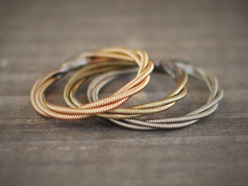 Recycled Stacking Guitar String Ring: Bronze Silver Copper, Any Size
