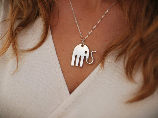 Baby Elephant Fork Pendant, Silver Plated, Necklace Included