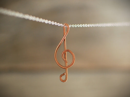 Piano Wire Treble Clef Pendant: Recycled Copper Musician Gift