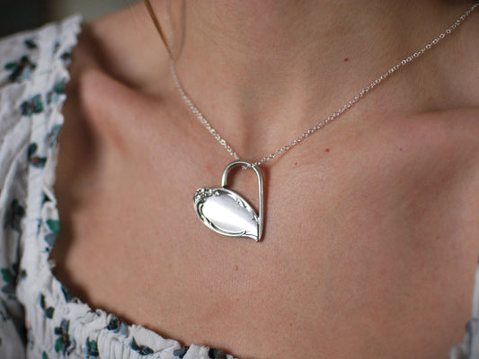 Upcycled Silver Plated Fork Heart Pendant Necklace: Optional Personalization