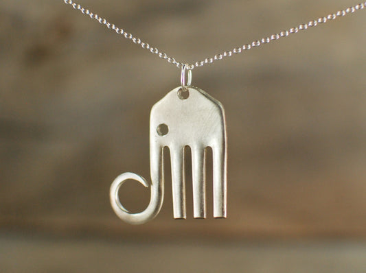 Elephant Fork Pendant, Silver Plated, Necklace Included