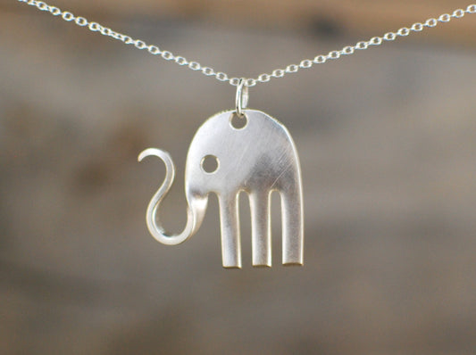 Baby Elephant Fork Pendant, Silver Plated, Necklace Included
