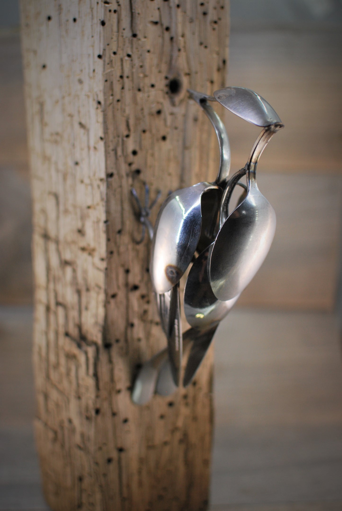 Wood Pecker Sculpture, Spoon Bird, Silverware Art, Metal Bird Sculpture, Bird Art, Gift for Bird Lover, Wall Art, Bird Art