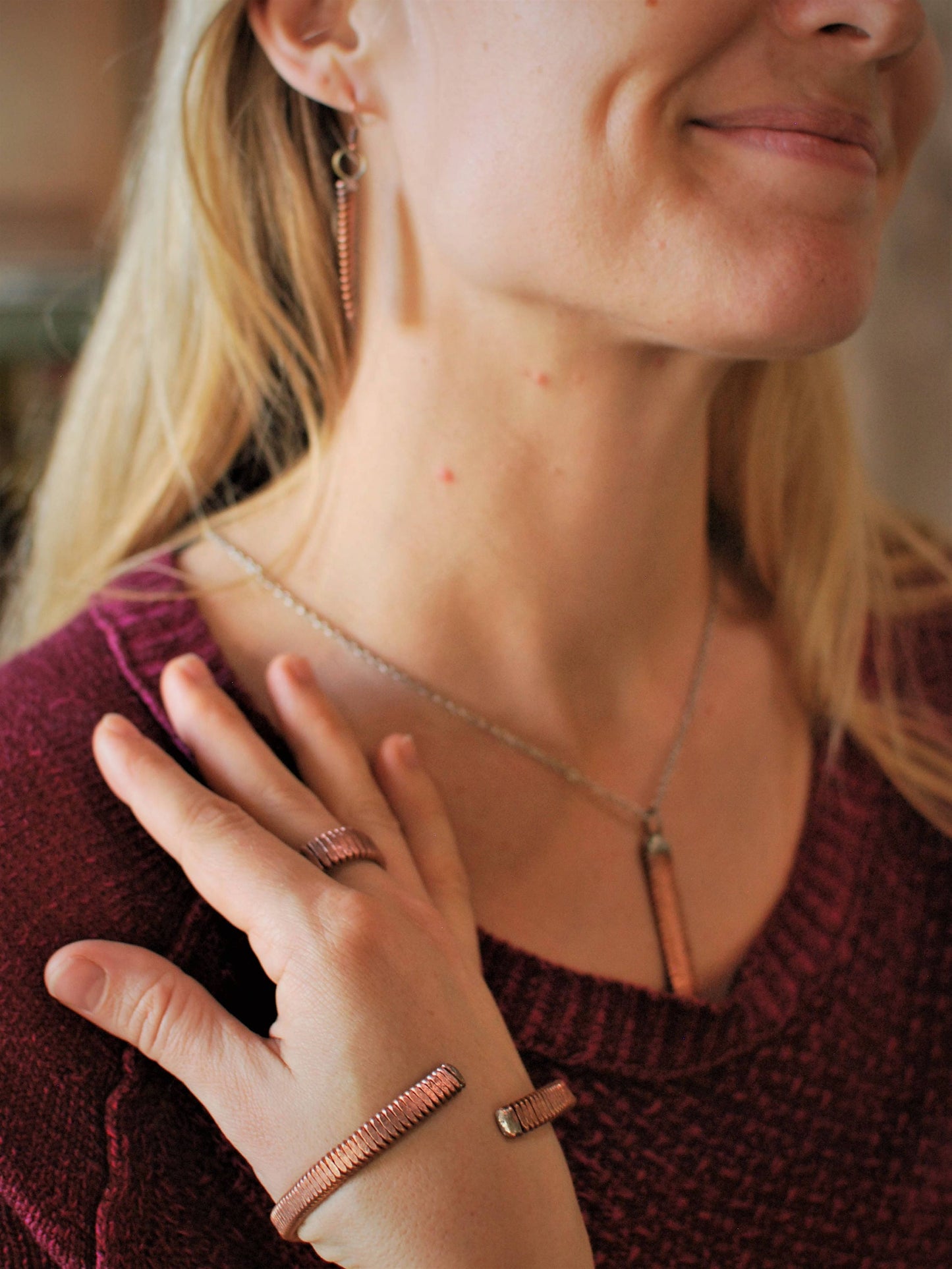 Recycled Piano String Jewelry Set: Hammered Ring, Bracelet, Earrings