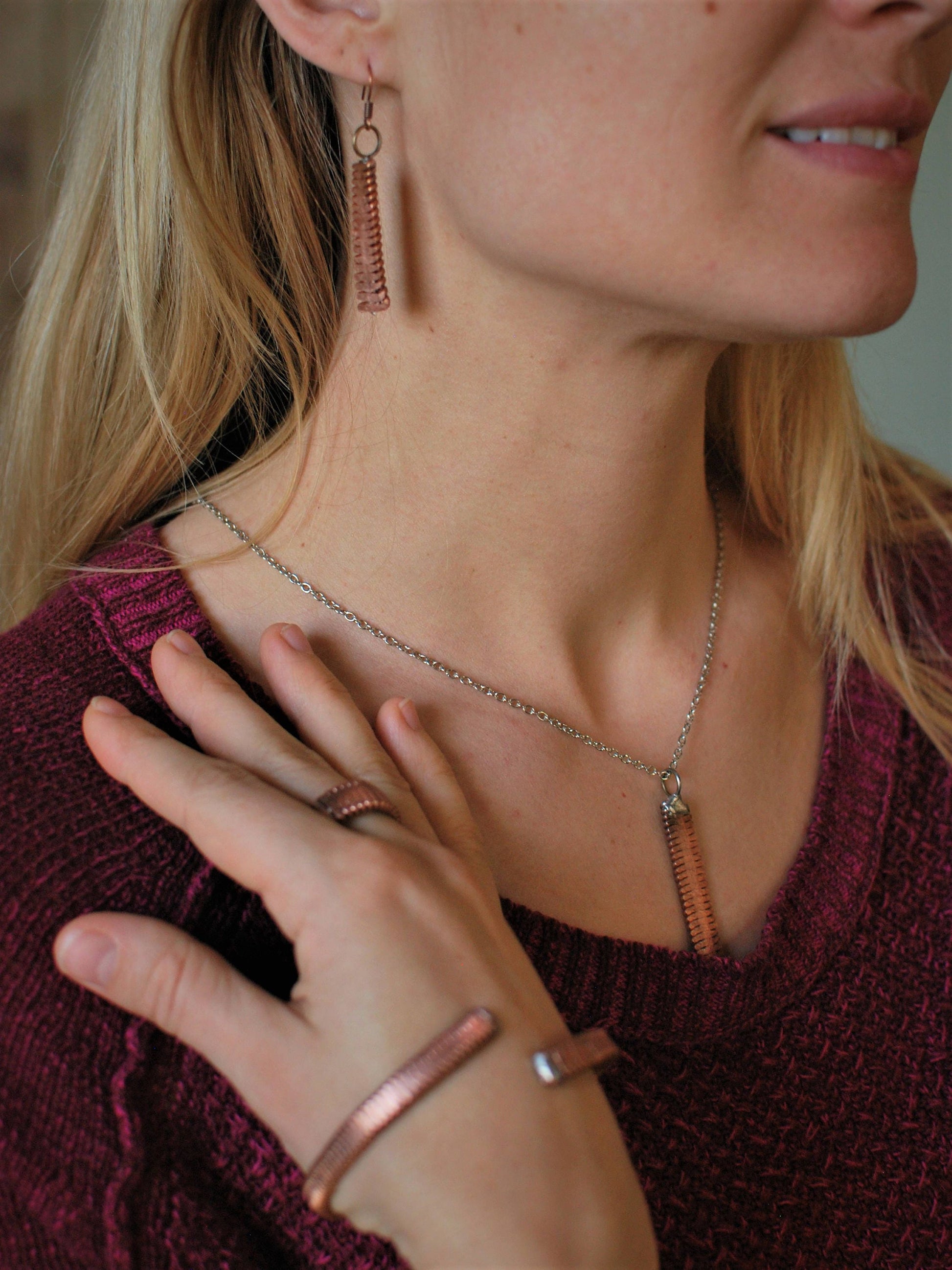 Recycled Piano String Jewelry Set: Hammered Ring, Bracelet, Earrings