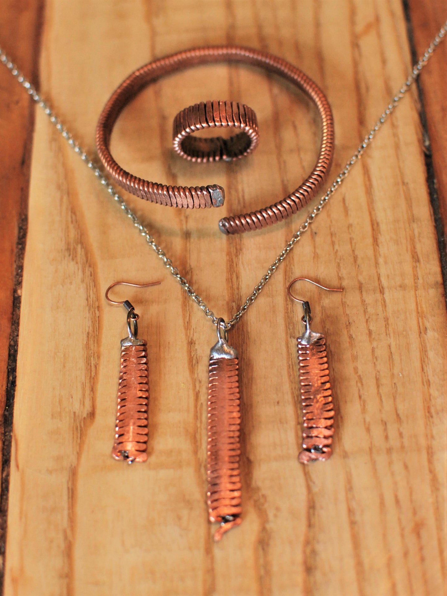 Recycled Piano String Jewelry Set: Hammered Ring, Bracelet, Earrings