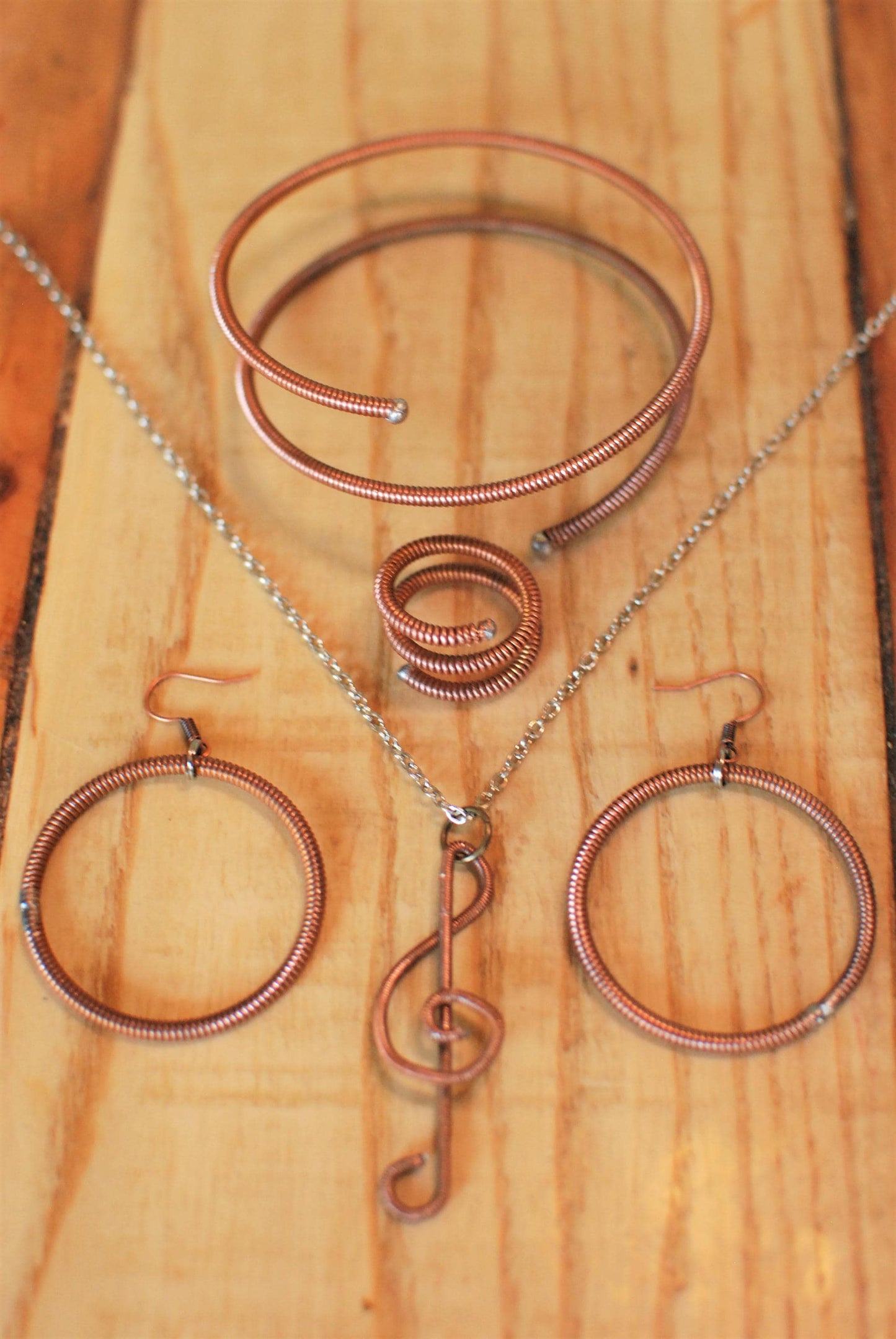 Recycled Piano String Jewelry Set: Treble Clef Necklace, Bracelet, Earrings