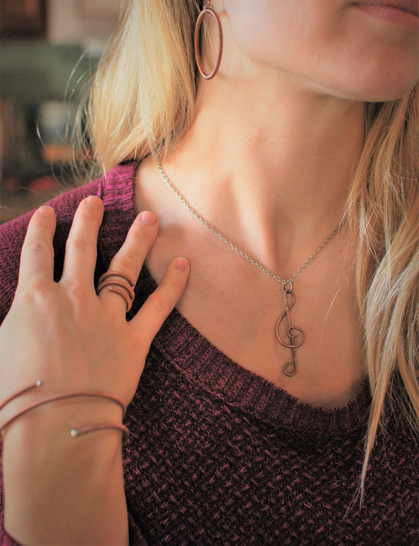 Recycled Piano String Jewelry Set: Treble Clef Necklace, Bracelet, Earrings