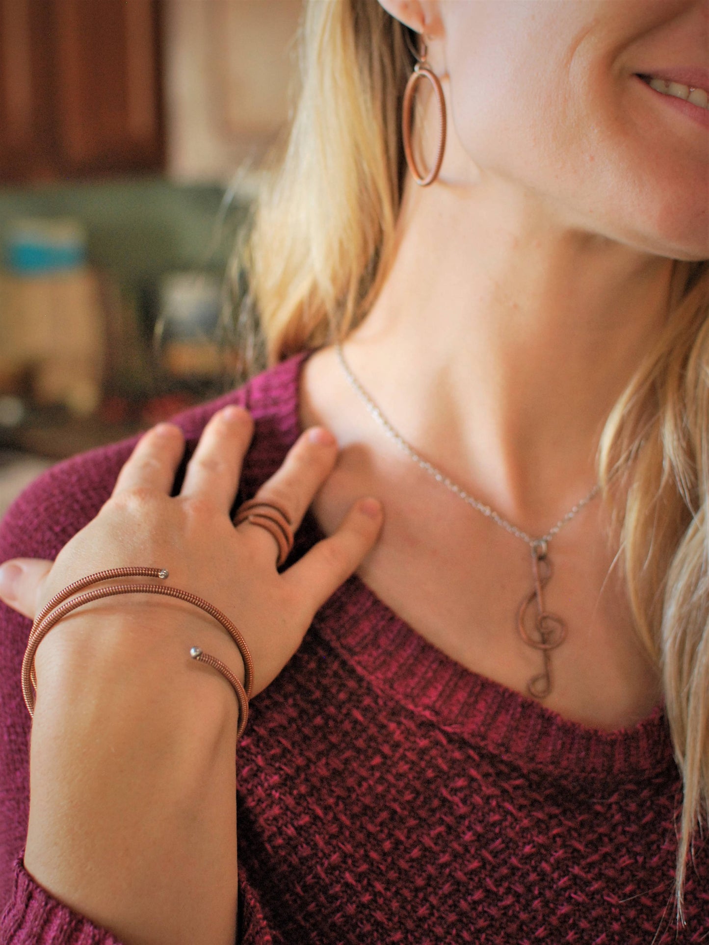 Recycled Piano String Jewelry Set: Treble Clef Necklace, Bracelet, Earrings