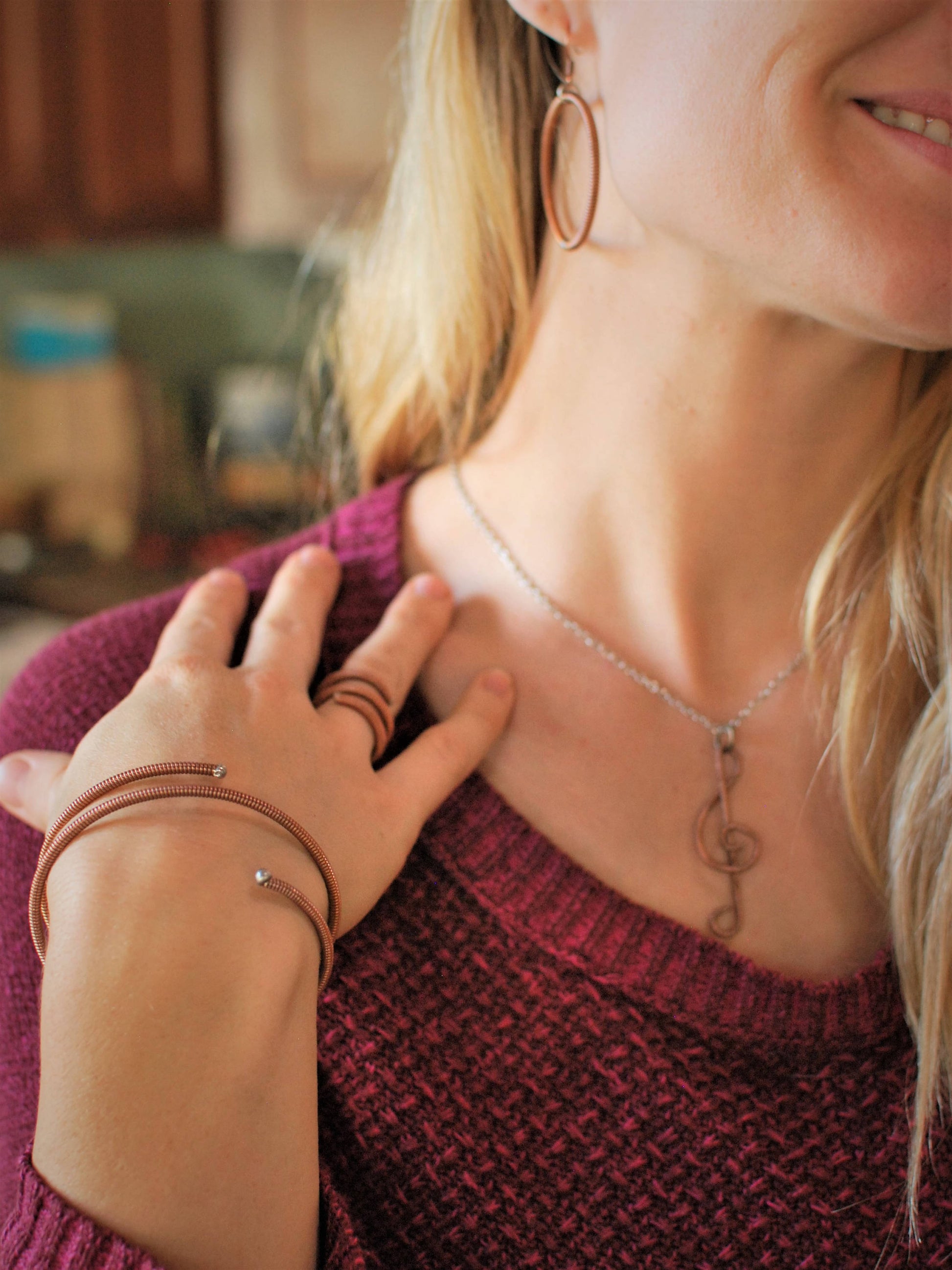 Recycled Piano String Jewelry Set: Treble Clef Necklace, Bracelet, Earrings