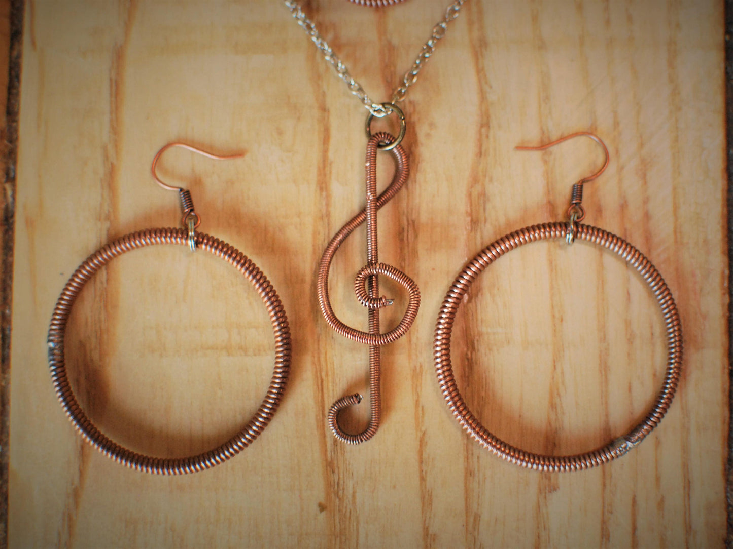 Recycled Piano String Jewelry Set: Treble Clef Necklace, Bracelet, Earrings