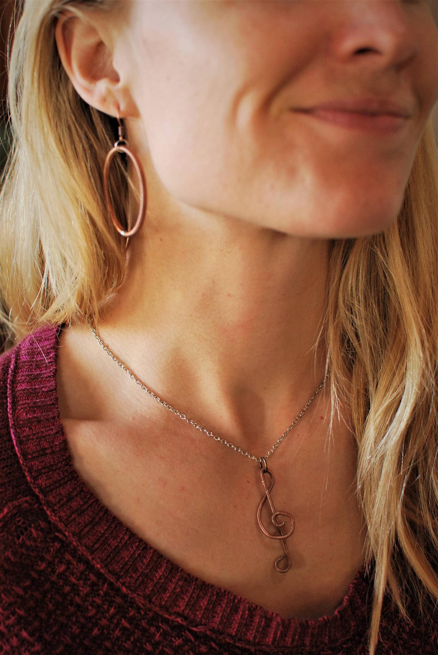 Recycled Piano String Jewelry Set: Treble Clef Necklace, Bracelet, Earrings