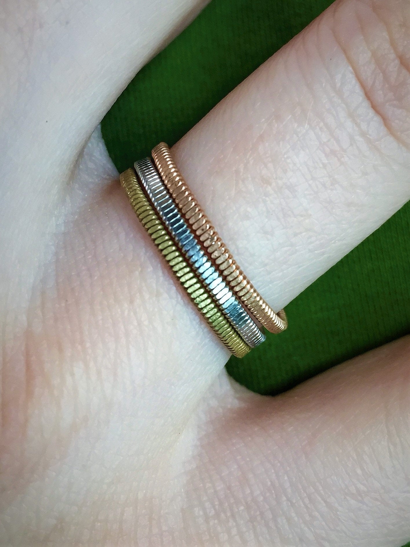 Recycled Guitar String Ring: Hammered Stacking Band, Gold Silver Copper