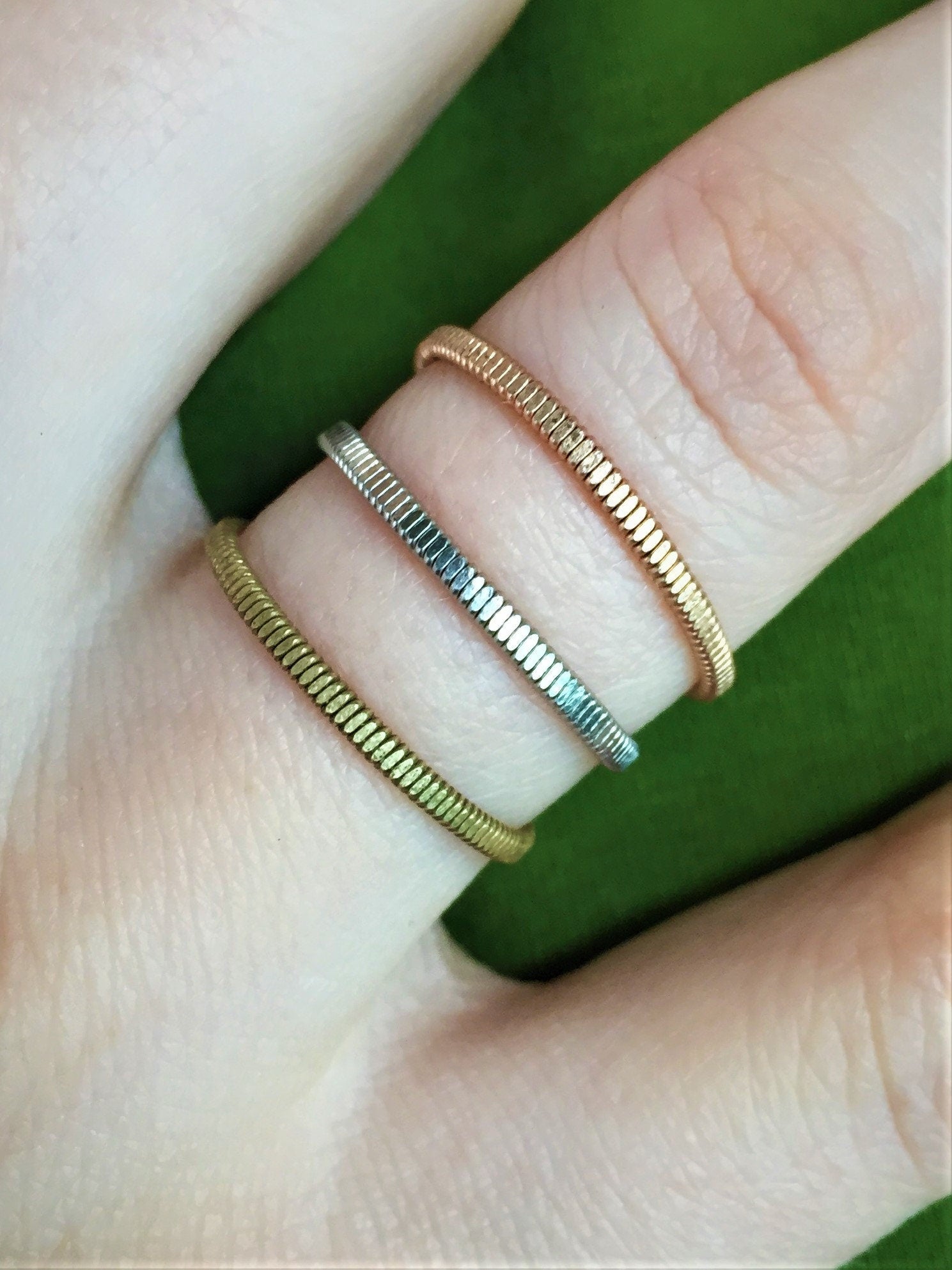 Recycled Guitar String Ring: Hammered Stacking Band, Gold Silver Copper