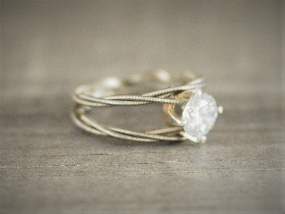 Guitar String Engagement Ring: Double Silver Band with 6mm Stone, Sterling Silver Setting