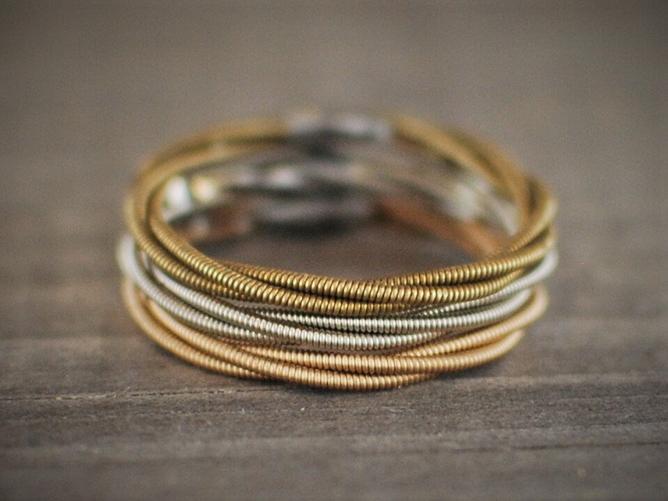 Recycled Guitar String Ring: Bronze, Silver, Copper Stacked Ring