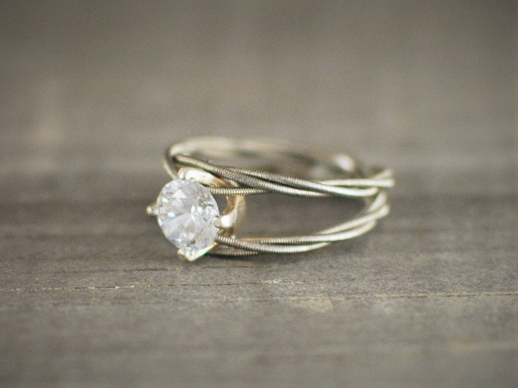 Guitar String Engagement Ring: Double Silver Band with 6mm Stone, Sterling Silver Setting