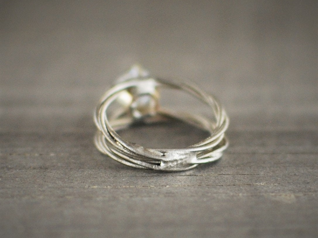 Guitar String Engagement Ring: Double Silver Band with 6mm Stone, Sterling Silver Setting