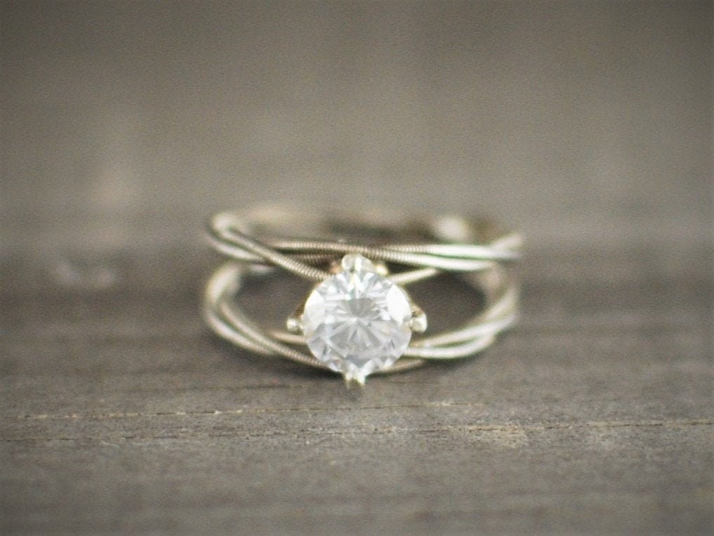 Guitar String Engagement Ring: Double Silver Band with 6mm Stone, Sterling Silver Setting