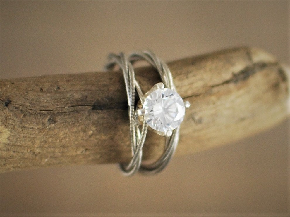 Guitar String Engagement Ring: Double Silver Band with 6mm Stone, Sterling Silver Setting