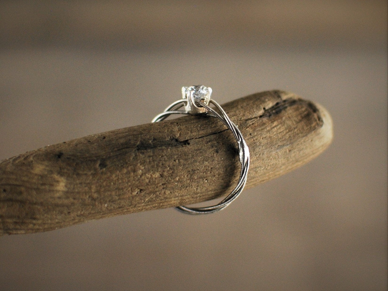 Petite Guitar String Engagement Ring: Sterling Silver Setting, 4mm Stone