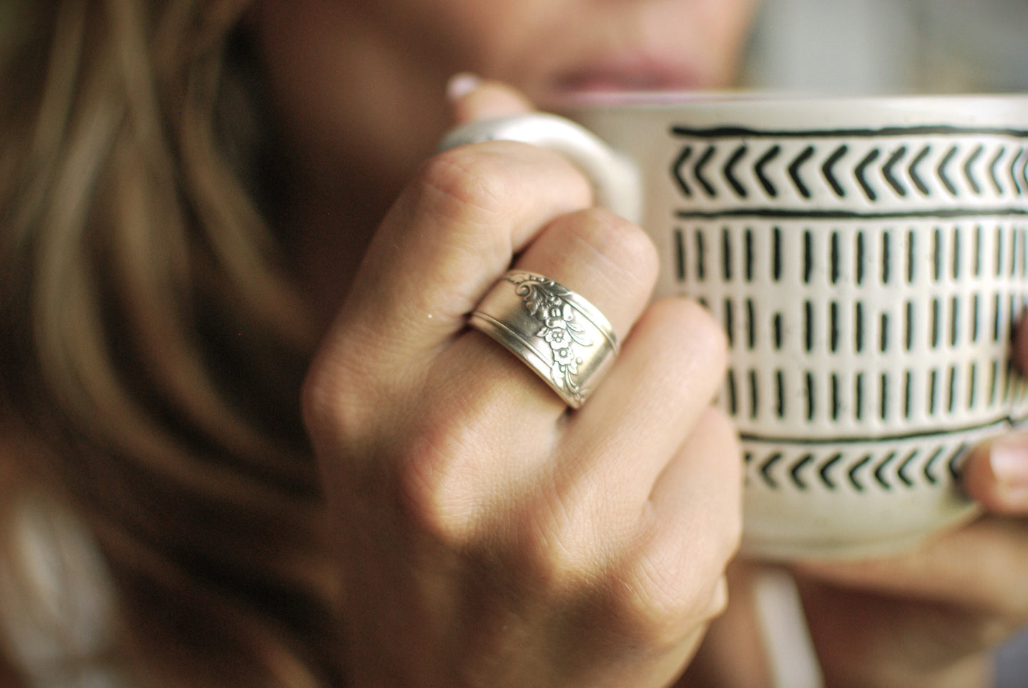 Silver Floral Spoon Ring: Antique Silver Plated Queen Bess Pattern