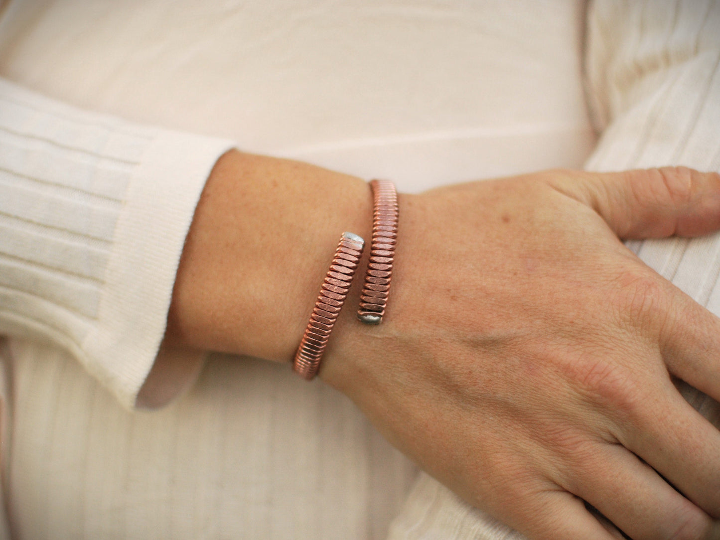 Recycled Piano String Cuff Bracelet: Hammered Copper Jewelry