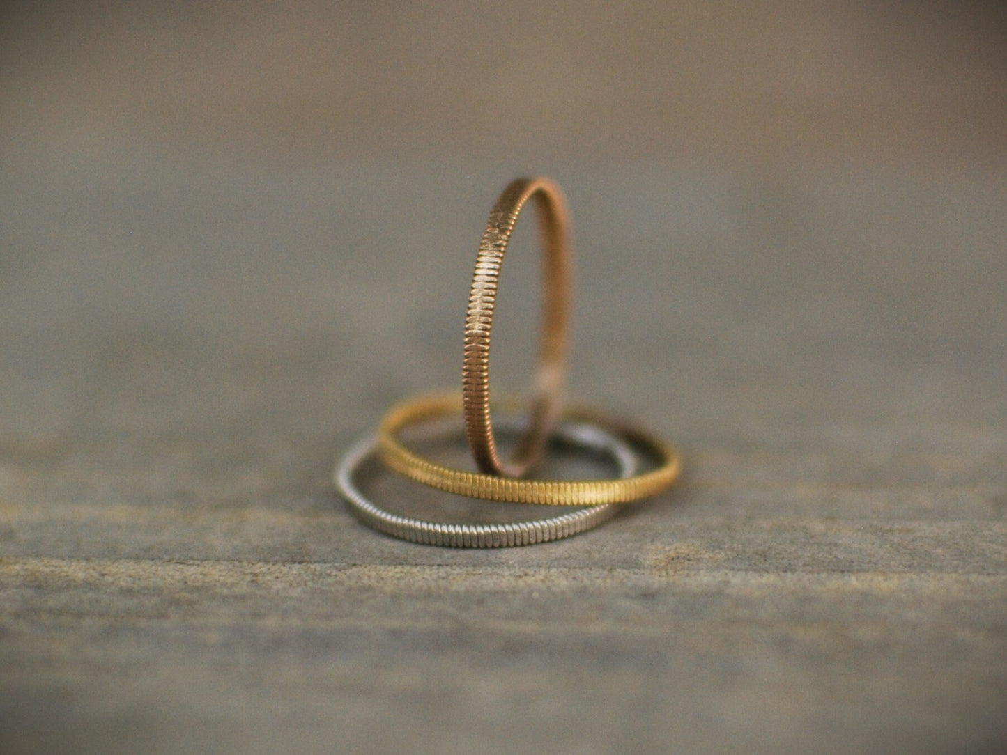 Recycled Guitar String Ring: Hammered Stacking Band, Gold Silver Copper