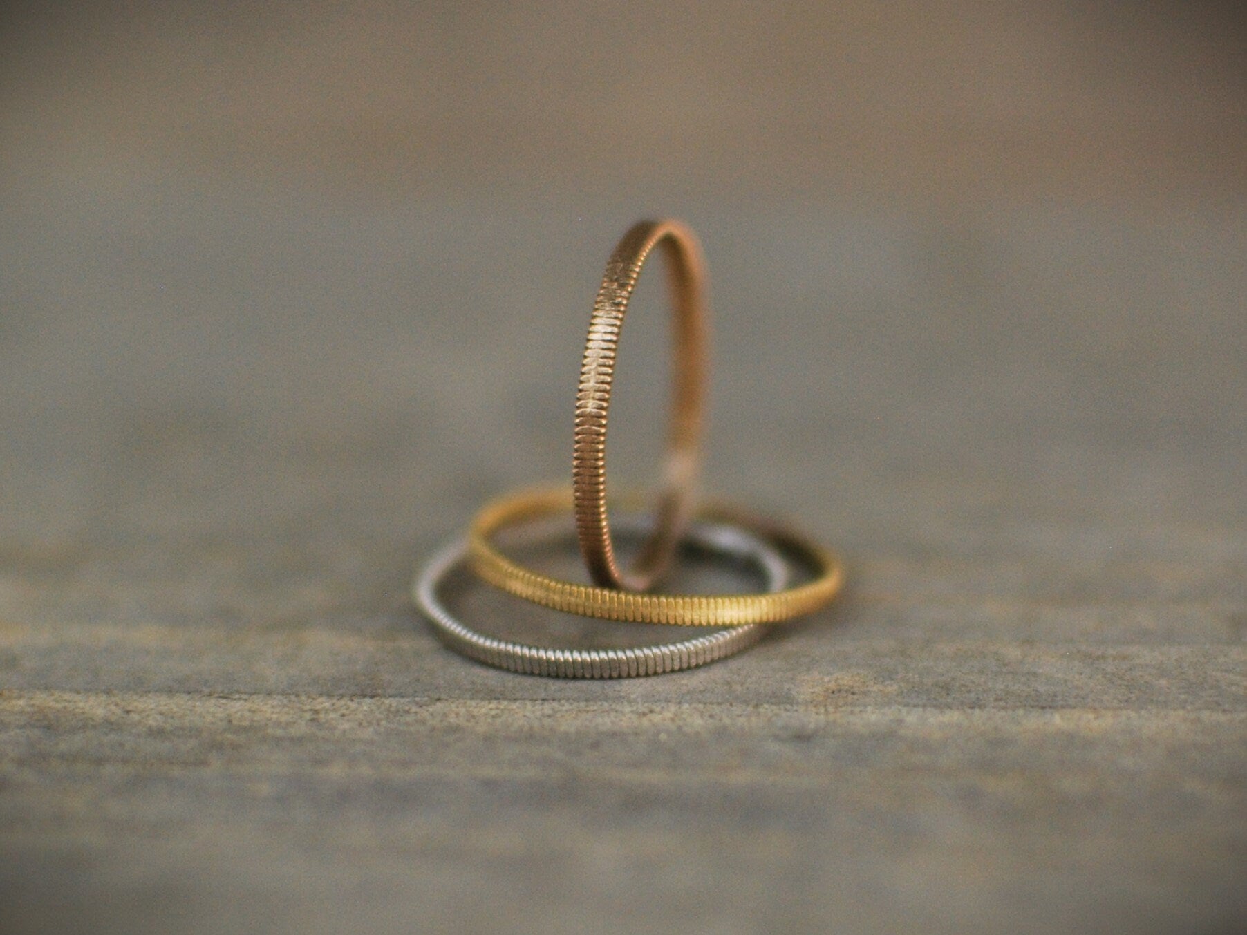 Recycled Guitar String Ring: Hammered Stacking Band, Gold Silver Copper