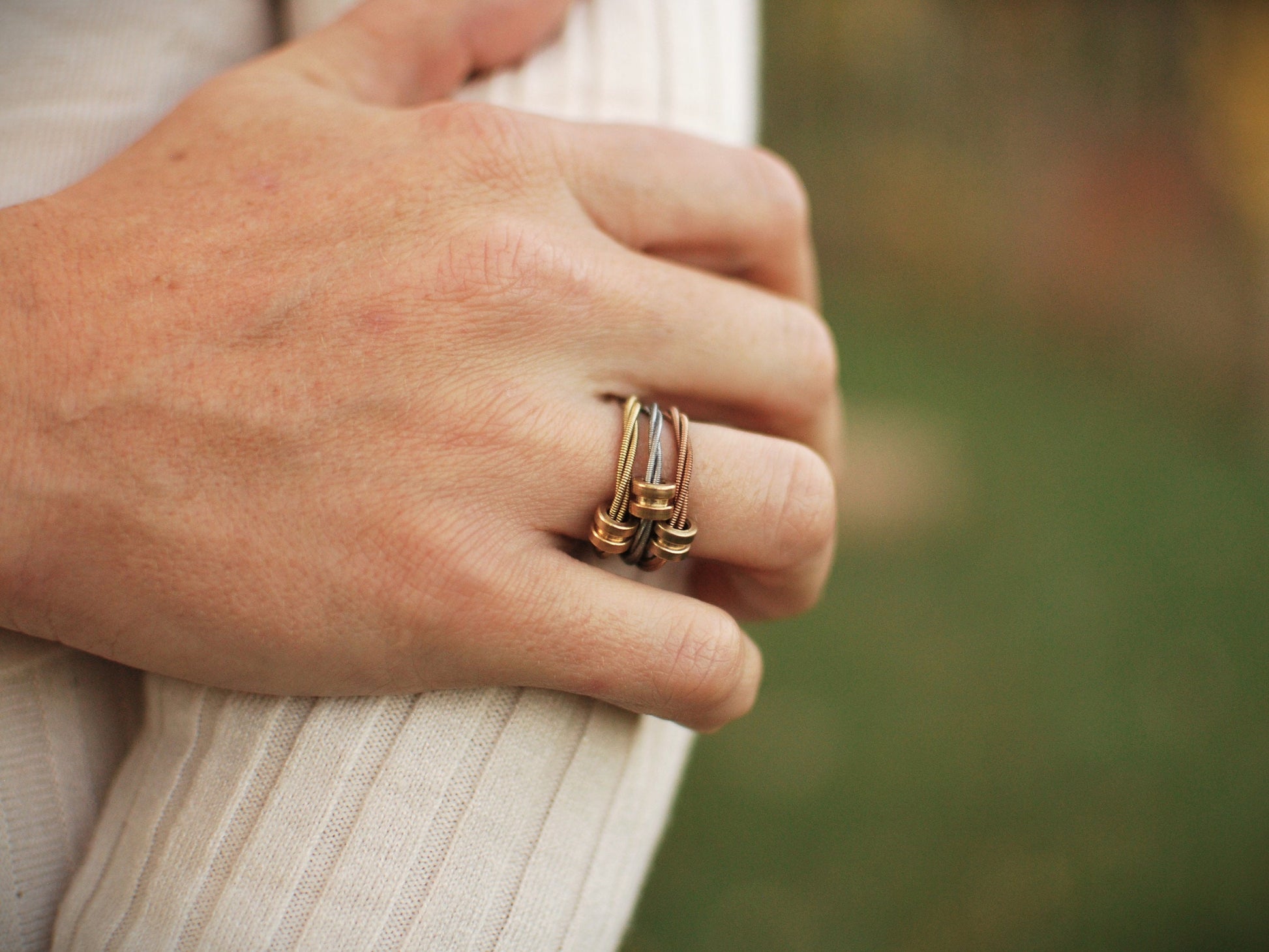 Recycled Guitar String Fidget Ring: Spinning Anxiety Relief Jewelry, Bronze Silver Copper
