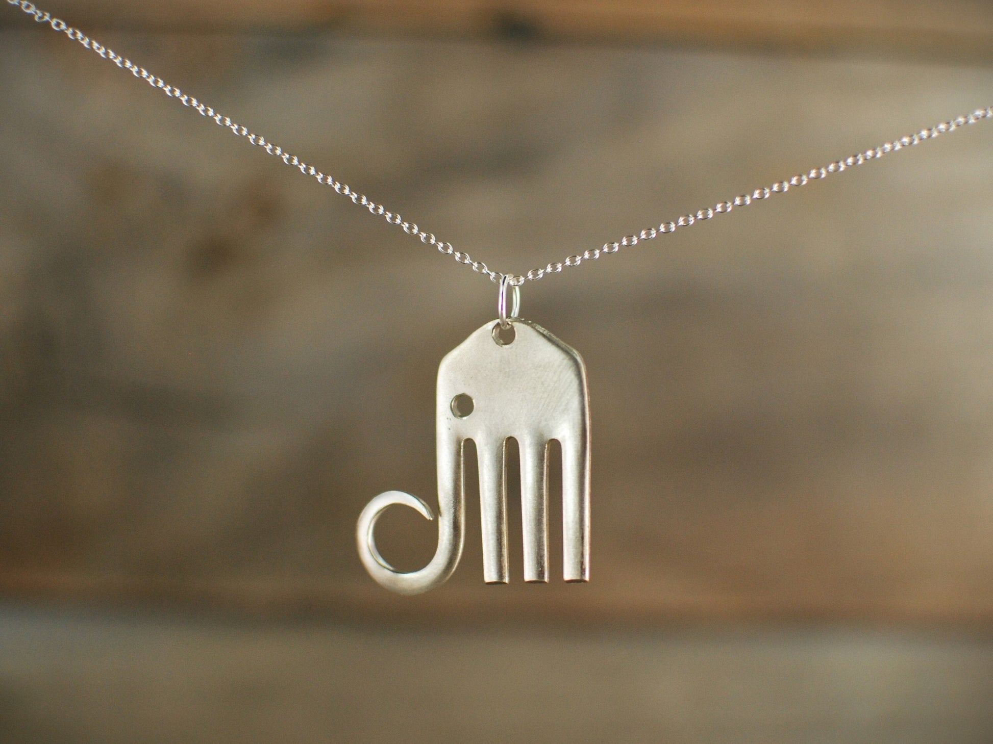 Silver Plated Elephant Fork Pendant: Upcycled Silverware Art Necklace