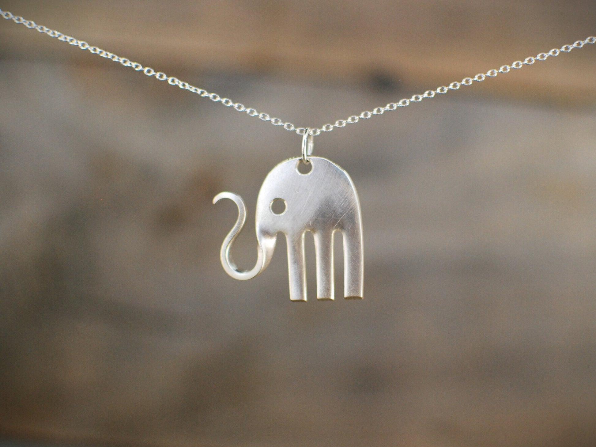 Baby Elephant Fork Pendant, Silver Plated, Necklace Included
