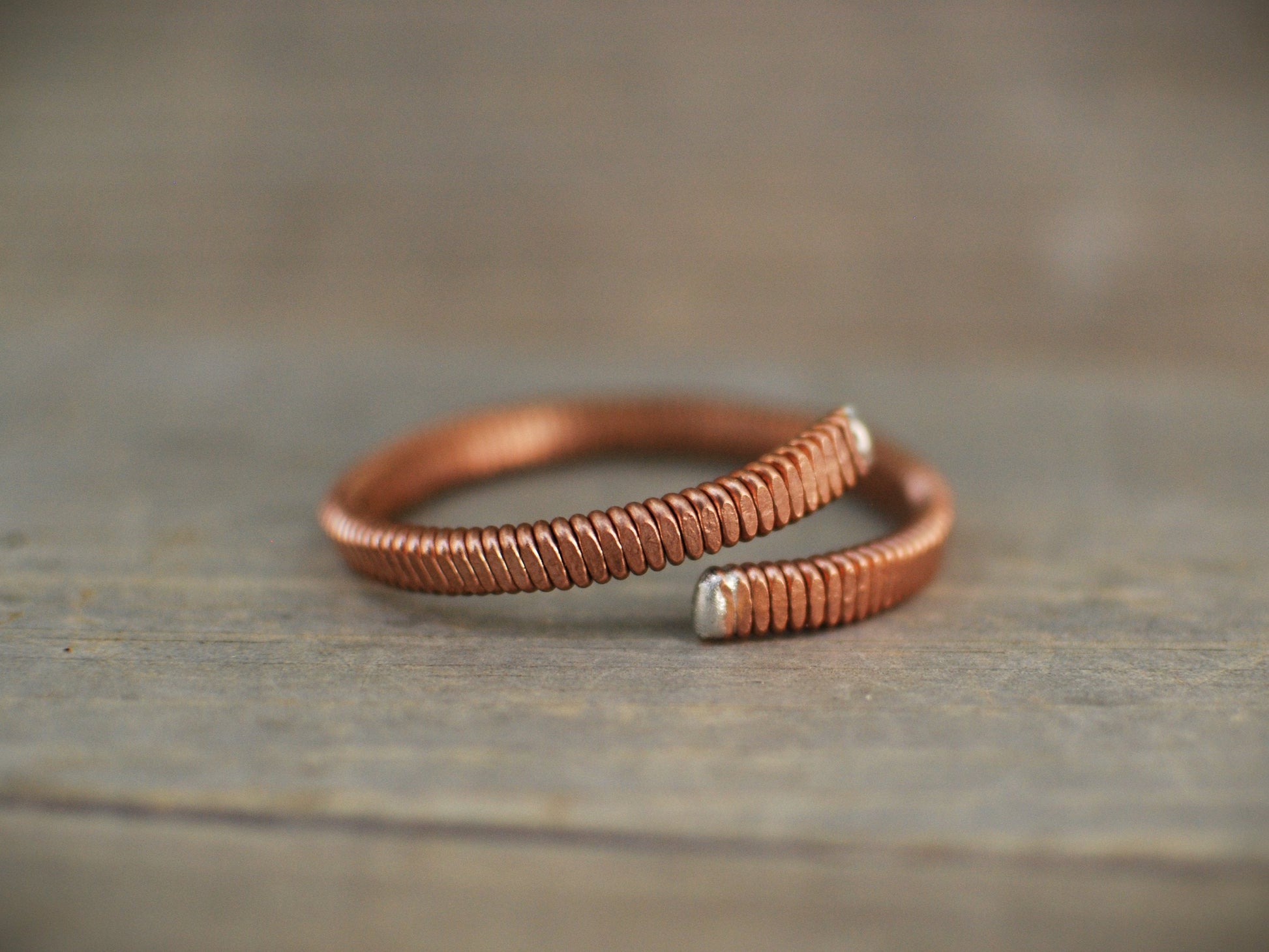 Recycled Piano String Cuff Bracelet: Hammered Copper Jewelry