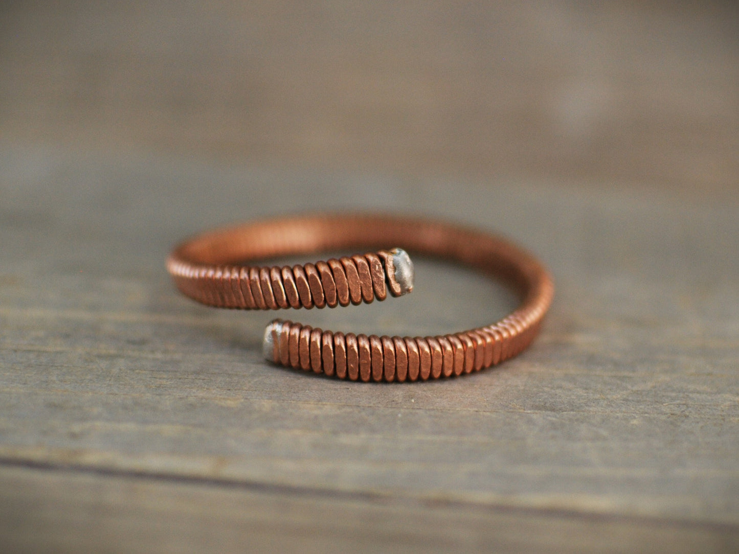 Recycled Piano String Cuff Bracelet: Hammered Copper Jewelry