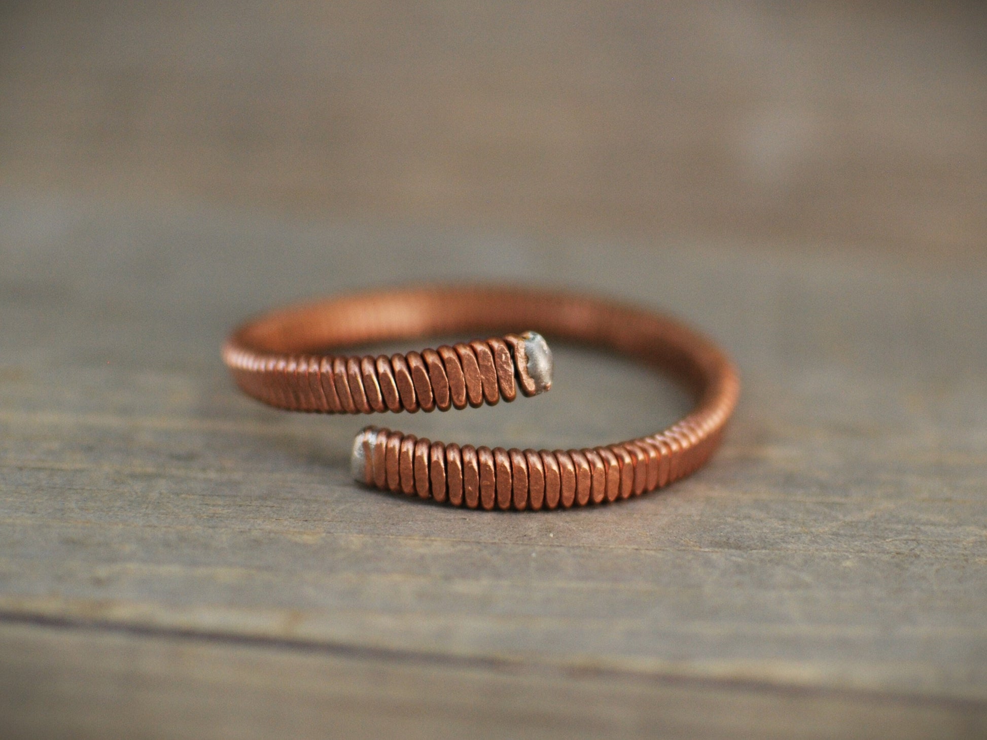 Recycled Piano String Cuff Bracelet: Hammered Copper Jewelry