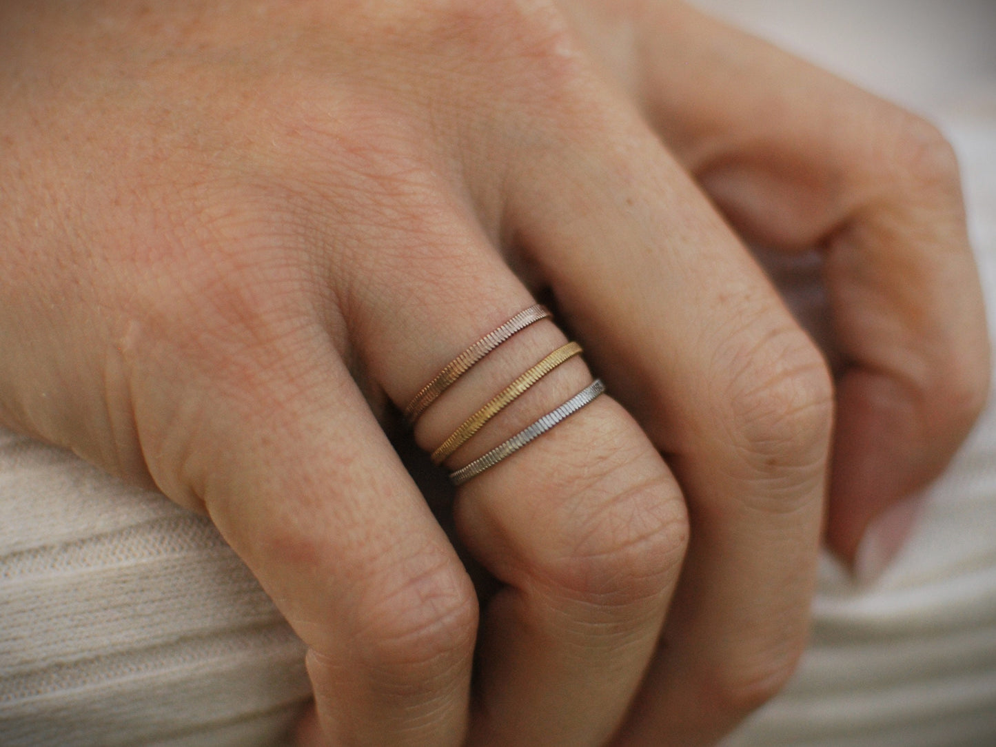 Recycled Guitar String Ring: Hammered Stacking Band, Gold Silver Copper