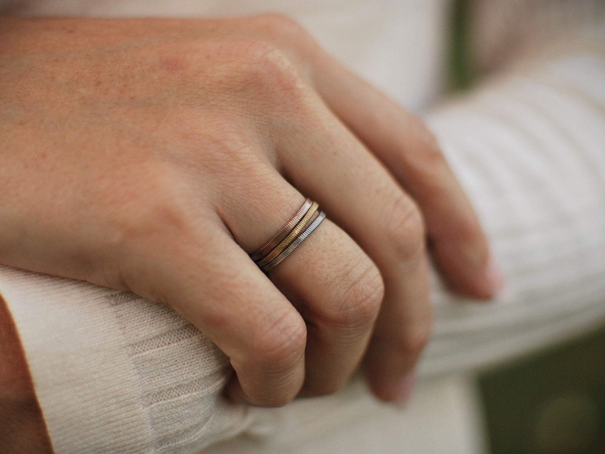 Recycled Guitar String Ring: Hammered Stacking Band, Gold Silver Copper