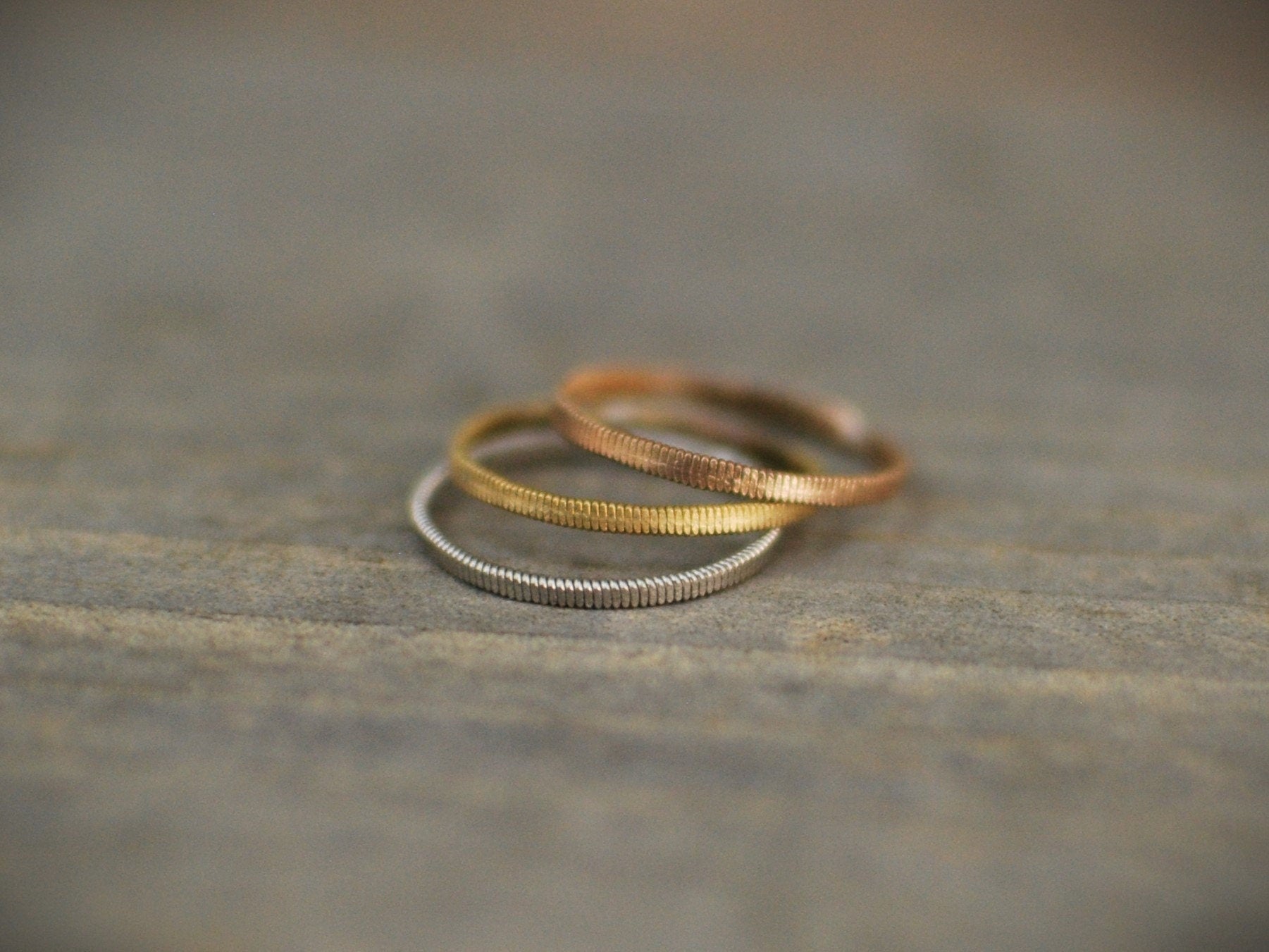 Recycled Guitar String Ring: Hammered Stacking Band, Gold Silver Copper
