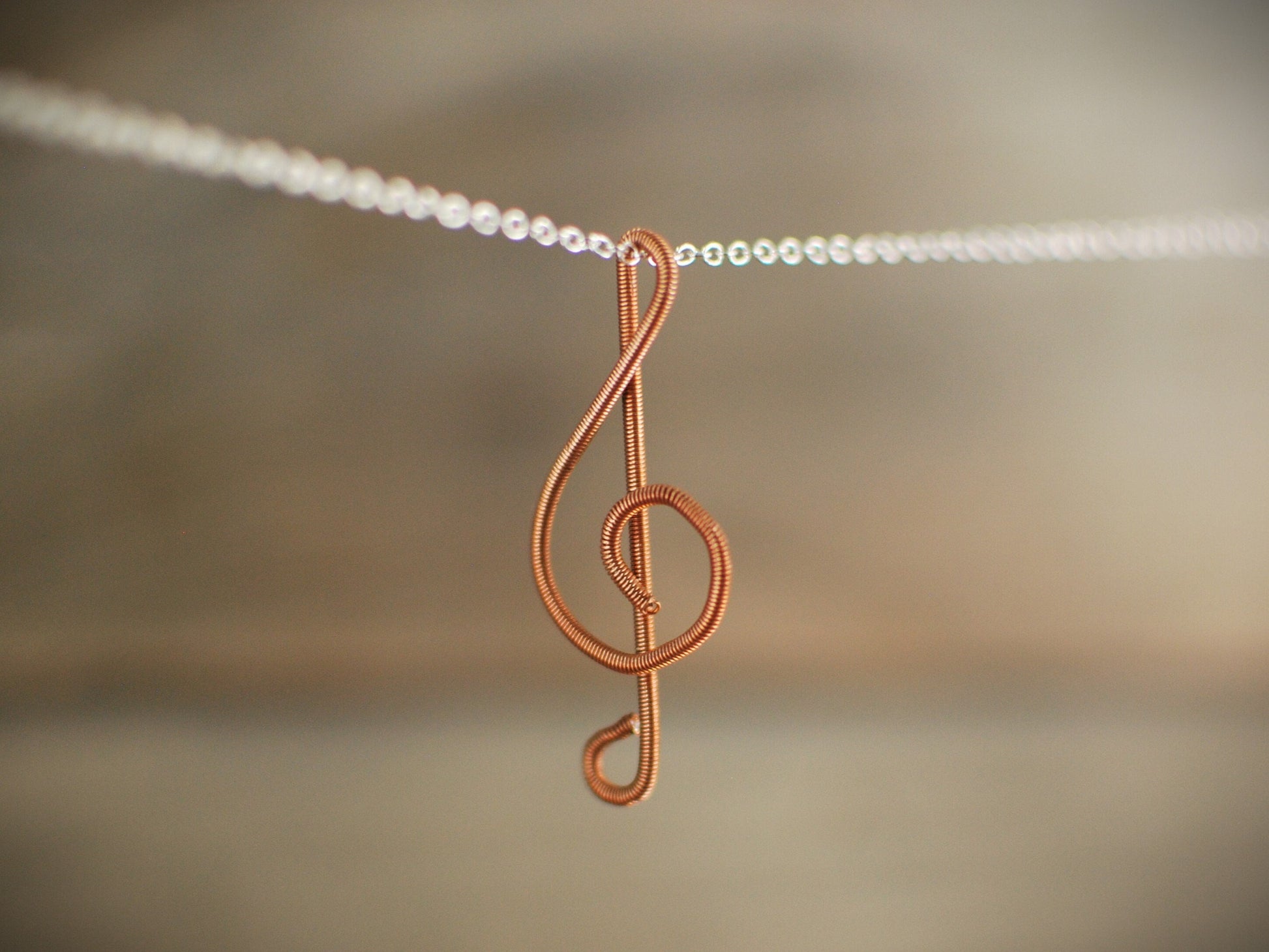 Piano Wire Treble Clef Pendant: Recycled Copper Musician Gift