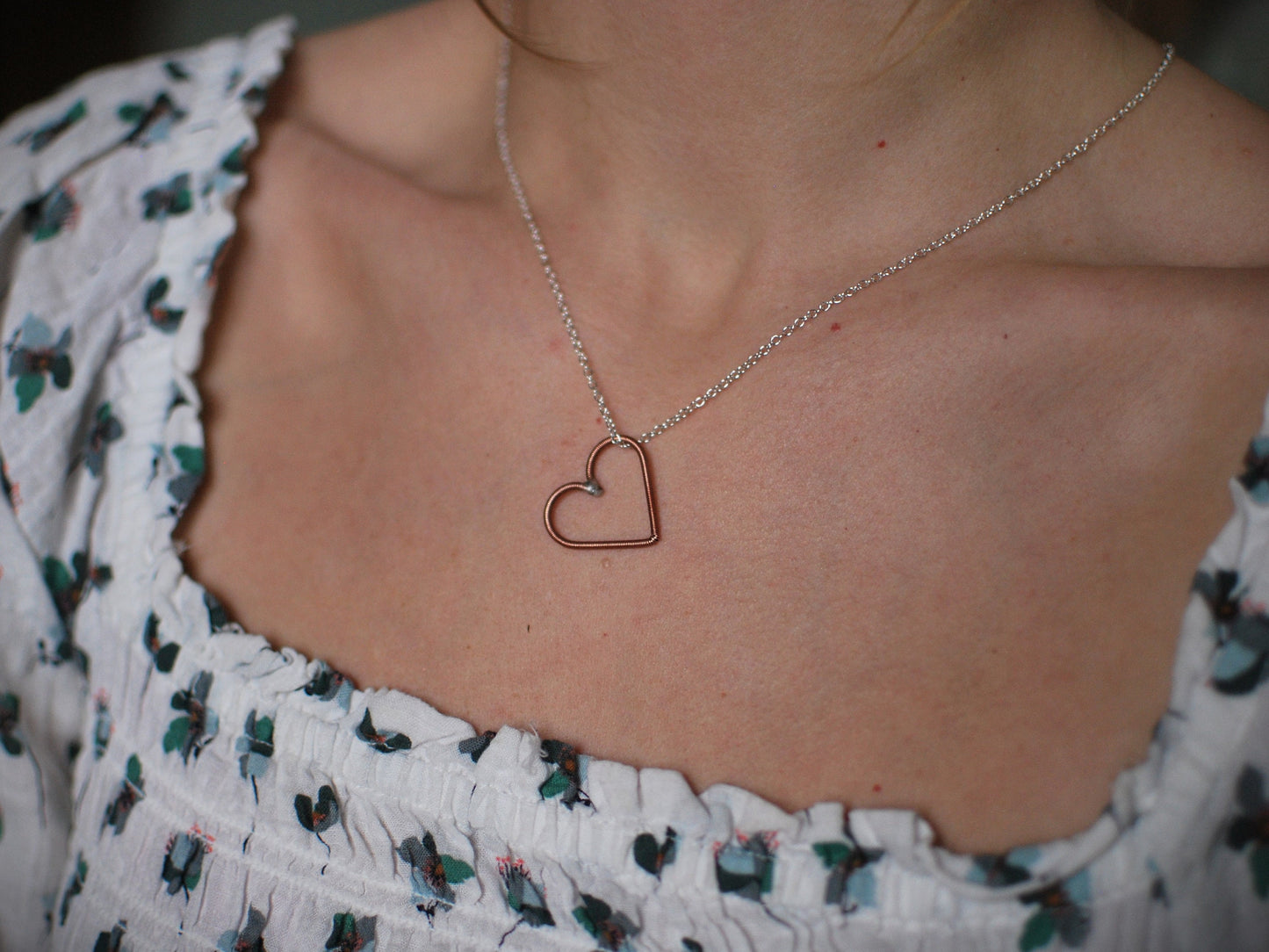 Recycled Piano Wire Heart Pendant - Copper Necklace, Gift for Pianist