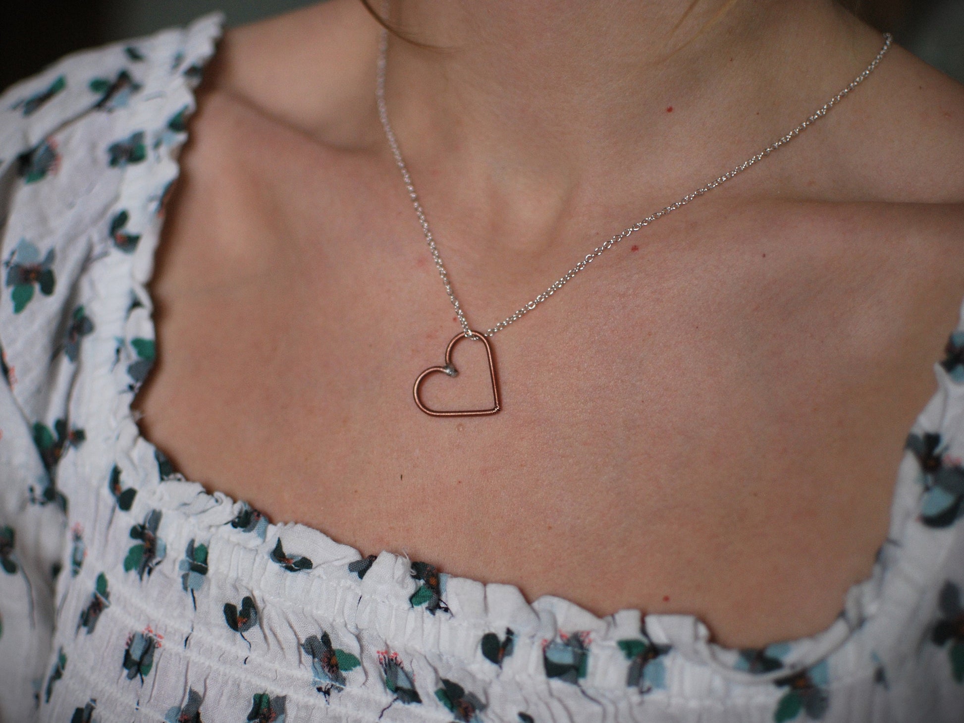 Recycled Piano Wire Heart Pendant - Copper Necklace, Gift for Pianist