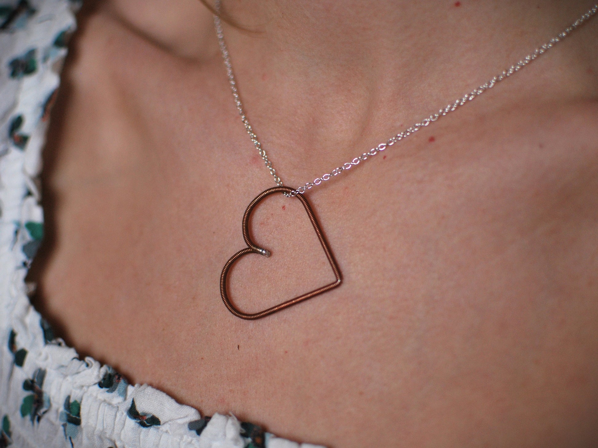 Recycled Piano Wire Heart Pendant - Copper Necklace, Gift for Pianist