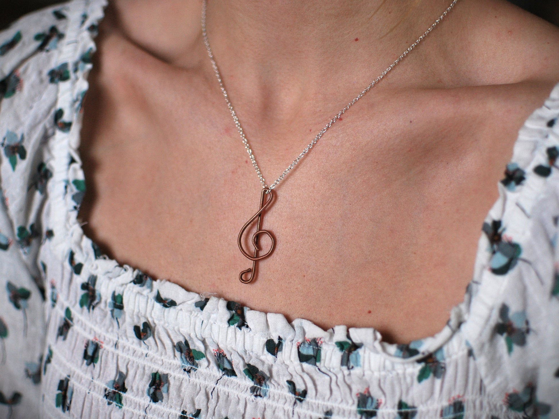 Piano Wire Treble Clef Pendant: Recycled Copper Musician Gift