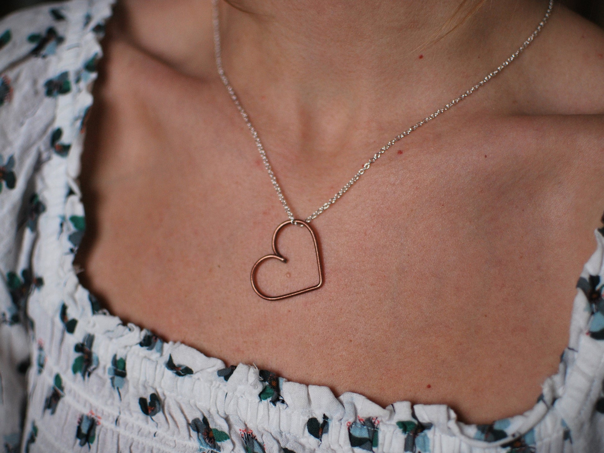 Recycled Piano Wire Heart Pendant - Copper Necklace, Gift for Pianist