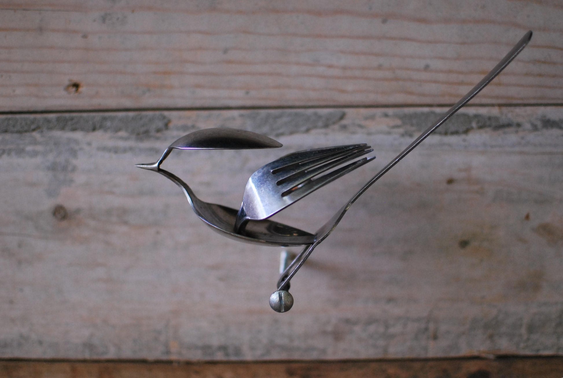 Recycled Silverware Bird Sculpture: Minimalist Metal Art