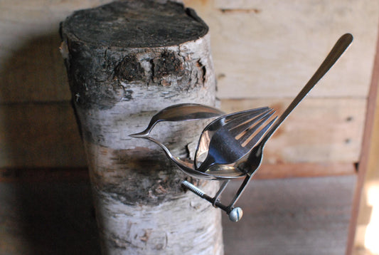 Recycled Silverware Bird Sculpture: Minimalist Metal Art