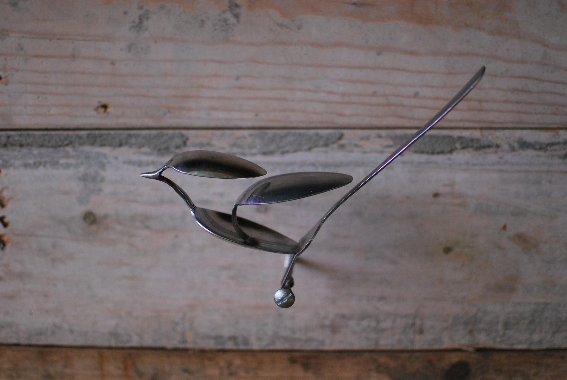 Recycled Silverware Bird Sculpture: Handmade Metal Desk Art