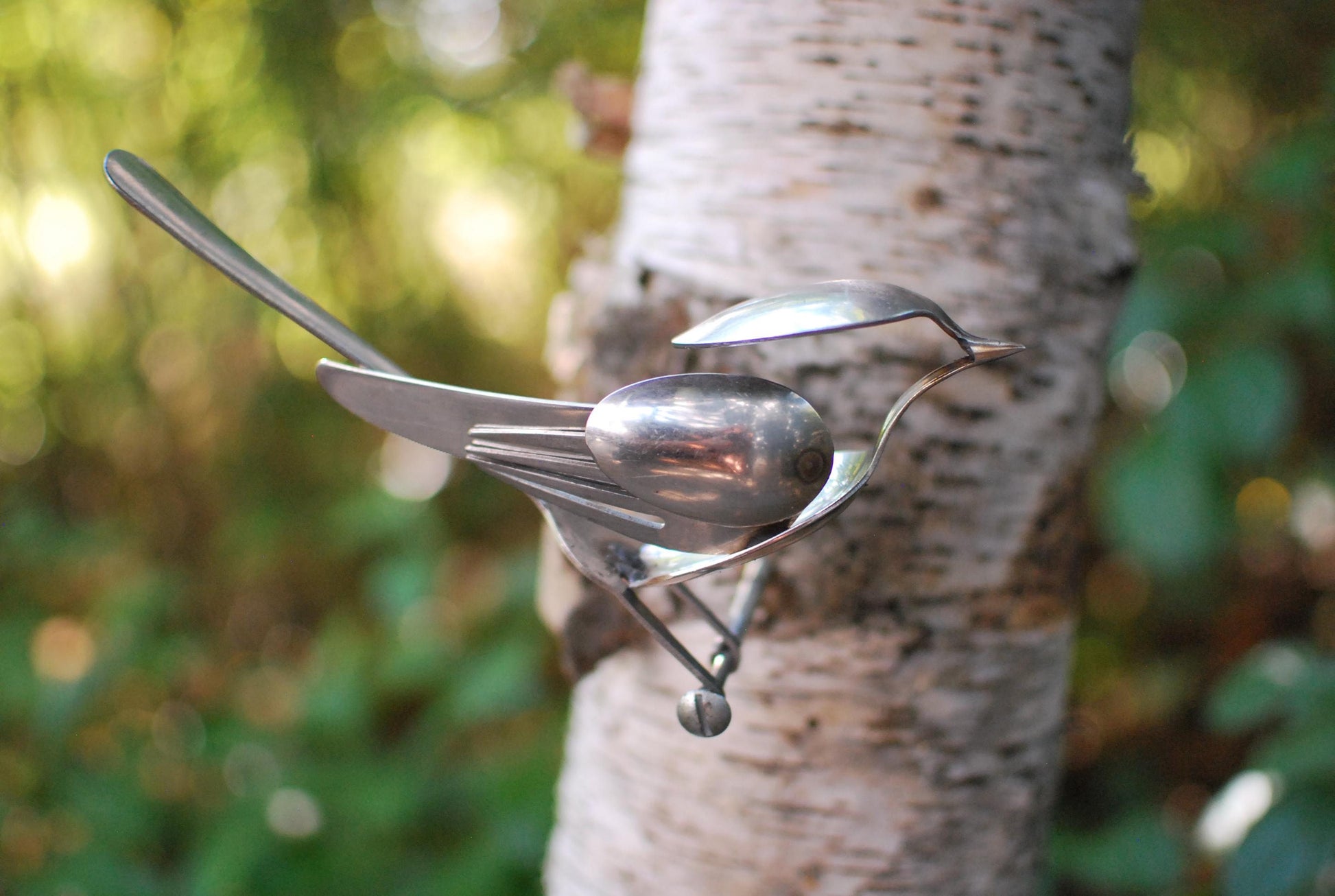 Recycled Silverware Bird Sculpture: Handmade Metal Art, Wall Decor