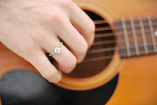 Guitar String Engagement Ring: Sterling Silver Setting, 6mm Stone - Musician Gift
